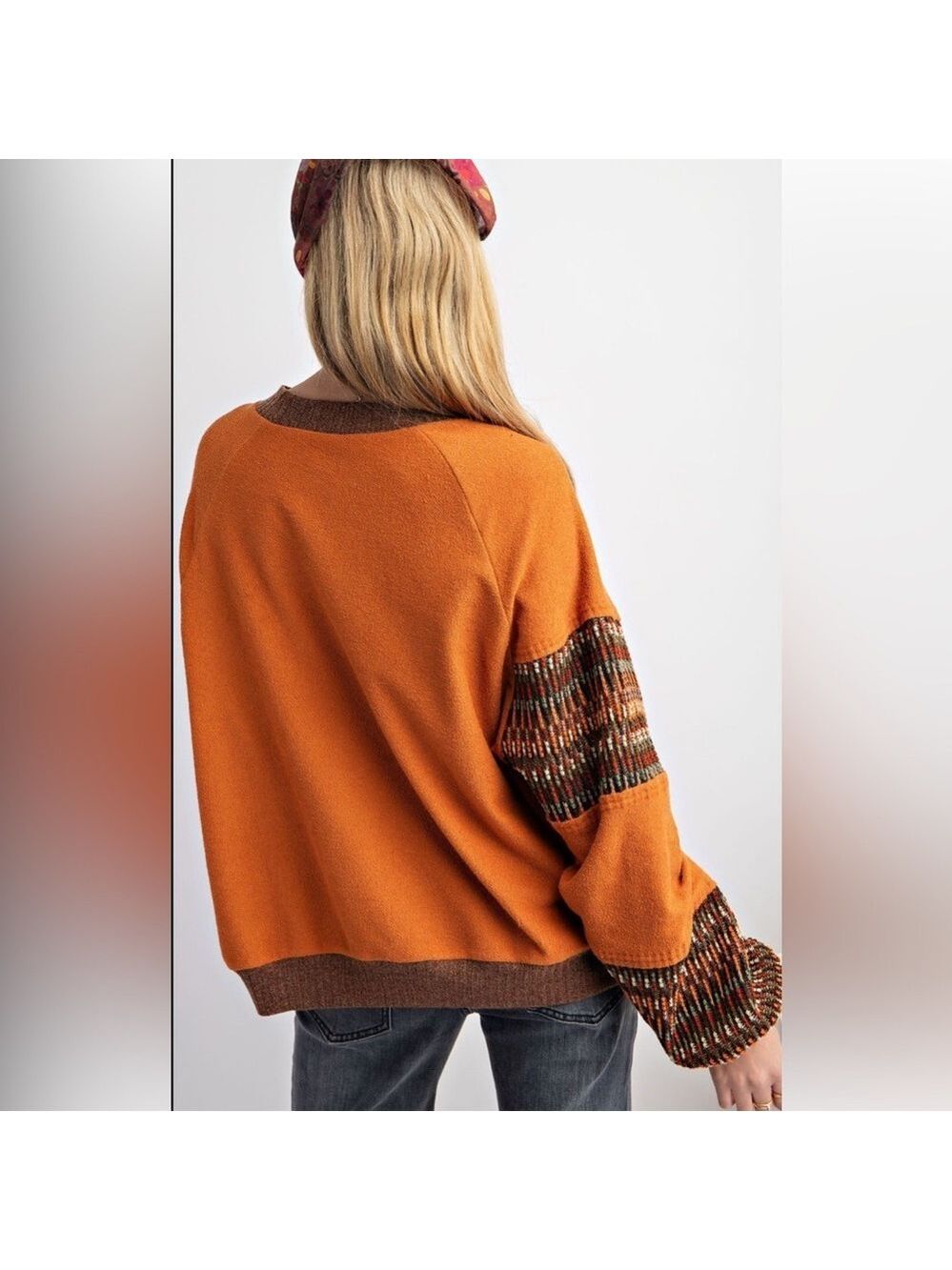 Easel Orange Knit Sweater with Patterned Sleeves - Picture 2 of 5